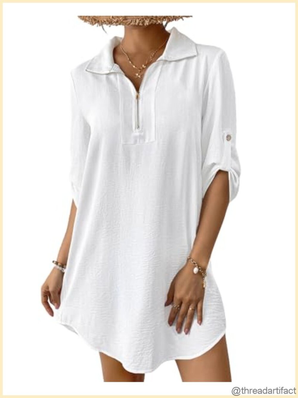 Swimsuit Coverup 3/4 Sleeve V-Neck Zipper Beach Polo Tunic Top